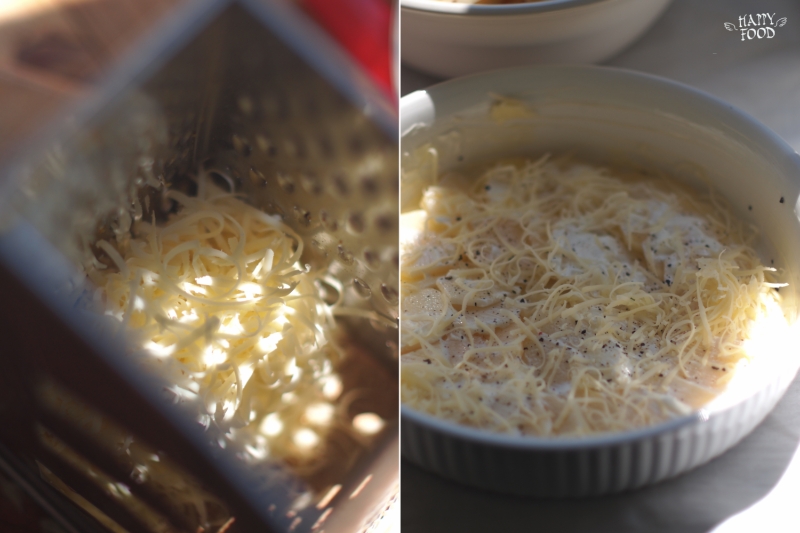 Викласти частину тертого сиру і присипати свіжим натертим мускатним горіхом. Зверху знову шар картоплі і повторити всю операцію.